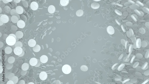 3d rendering of white medical pills dispersing and floating in mid-air around a large broken hole, symbolizing pharmaceutical instability