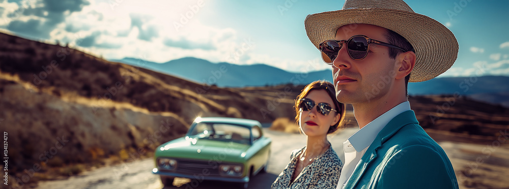 Man and woman in retro 1960s wardrobe standing by a classic car in a sunny arid environment.