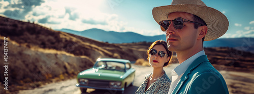 Obraz na płótnie Man and woman in retro 1960s wardrobe standing by a classic car in a sunny arid environment. w salonie