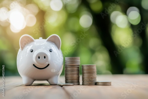 A lively piggybank with mounds of shining coins nearby, exemplifying prudent financial planning, where each mound represents a key achievement on the road to accumulating wealth