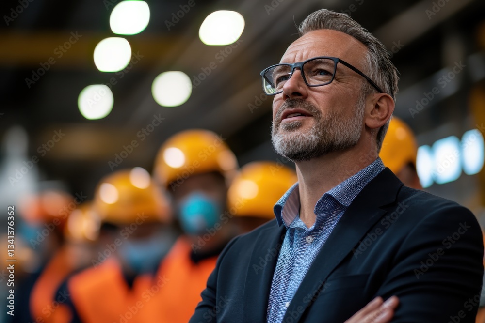 A thoughtful executive oversees operations in an industrial environment, emphasizing safety and leadership while interacting with the workforce in a modern facility. A thoughtful executive oversees operations in an industrial environment, emphasizing safety and leadership while interacting with the workforce in a modern facility.