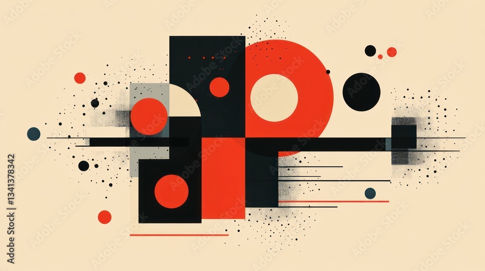 Obraz premium Abstract geometric shapes composition, beige background, scattered dots, dynamic lines