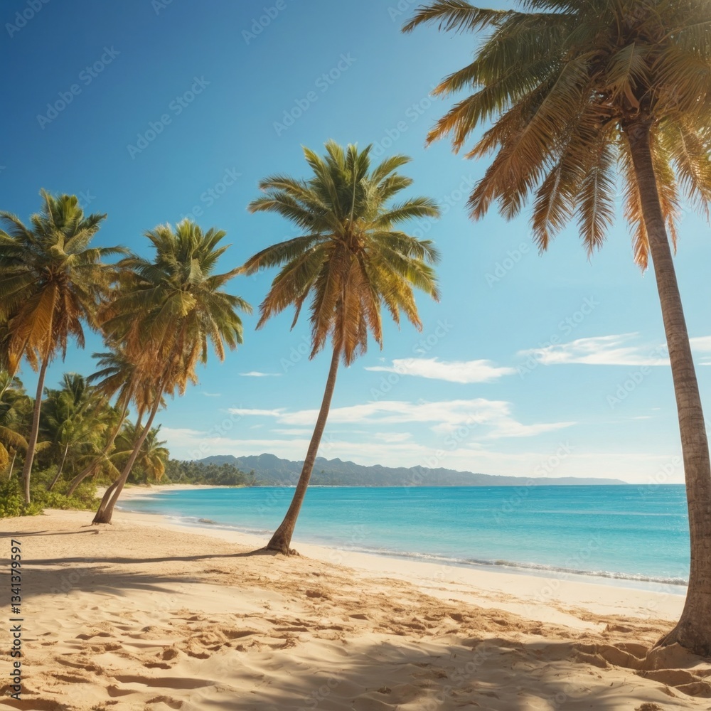Serene tropical beach with golden sand, turquoise waves, and palm trees at golden hour Serene tropical beach with golden sand, turquoise waves, and palm trees at golden hour