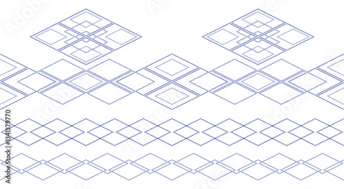 Set of dotted lines rhomb isolated design element. Light blue isolated geometric element on white background. Blue vector seamless border. Fantasy ornament for decor clothes, textile, cards.
