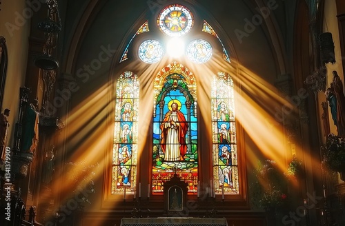 A stained glass window with the vibrant colors shining in the sunlight, featuring saintly emperors and holy figures, set against the backdrop of an ancient church.