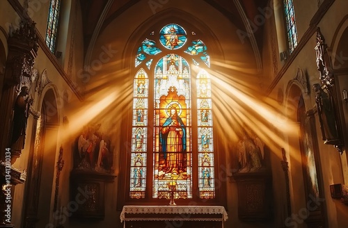 A stained glass window with the vibrant colors shining in the sunlight, featuring saintly emperors and holy figures, set against the backdrop of an ancient church.