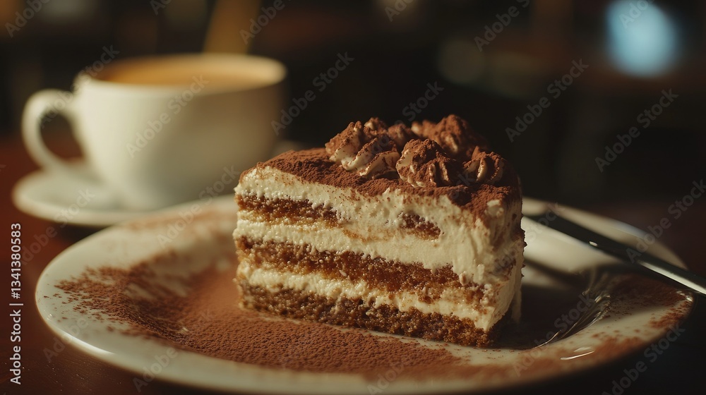 A close-up of a rich, creamy slice of classic Italian tiramisu, dusted with cocoa powder and served with a coffee cup.