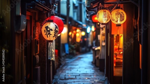 Enchanting Tokyo alleyway illuminated by traditional paper lanterns at twilight hour