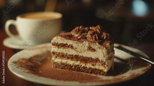 Obraz na płótnie A close-up of a rich, creamy slice of classic Italian tiramisu, dusted with cocoa powder and served with a coffee cup. w salonie