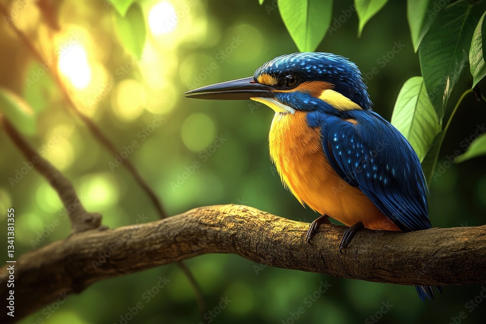 Fototapeta premium A vibrant blue bird perched on the branch of an ancient tree