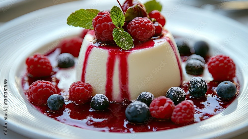 A beautifully plated Italian panna cotta topped with fresh berries and a drizzle of raspberry sauce, ready to be served. A beautifully plated Italian panna cotta topped with fresh berries and a drizzle of raspberry sauce, ready to be served.