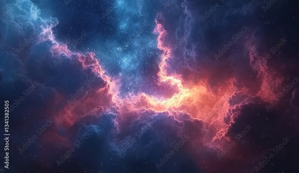 Naklejka premium A cosmic scene with swirling nebulae in vivid shades of blue, purple, and red, interspersed with countless stars, creating a sense of depth and vastness in space.