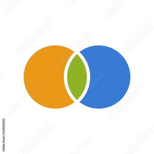 Two overlapping circles in orange and blue with a green leaf-like shape at the center.