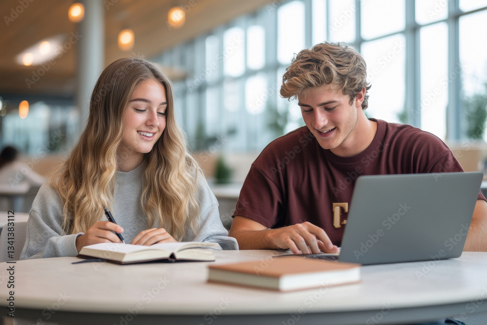 College classmates collaborating on a project together in a modern study space with open books and a laptop College classmates collaborating on a project together in a modern study space with open books and a laptop