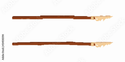 Ancient wooden spear with a sharp stone tip, used for hunting and survival in ancient times.