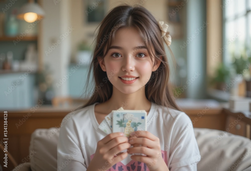 Young Woman Holding Euro Currency Smiling Indoors Financial Planning Concept Young Woman Holding Euro Currency Smiling Indoors Financial Planning Concept