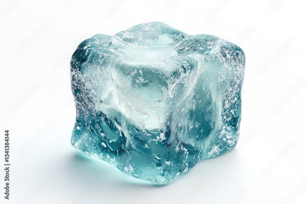 A single, translucent teal ice cube with an irregular, rough surface, sits on a white background. A single, translucent teal ice cube with an irregular, rough surface, sits on a white background.
