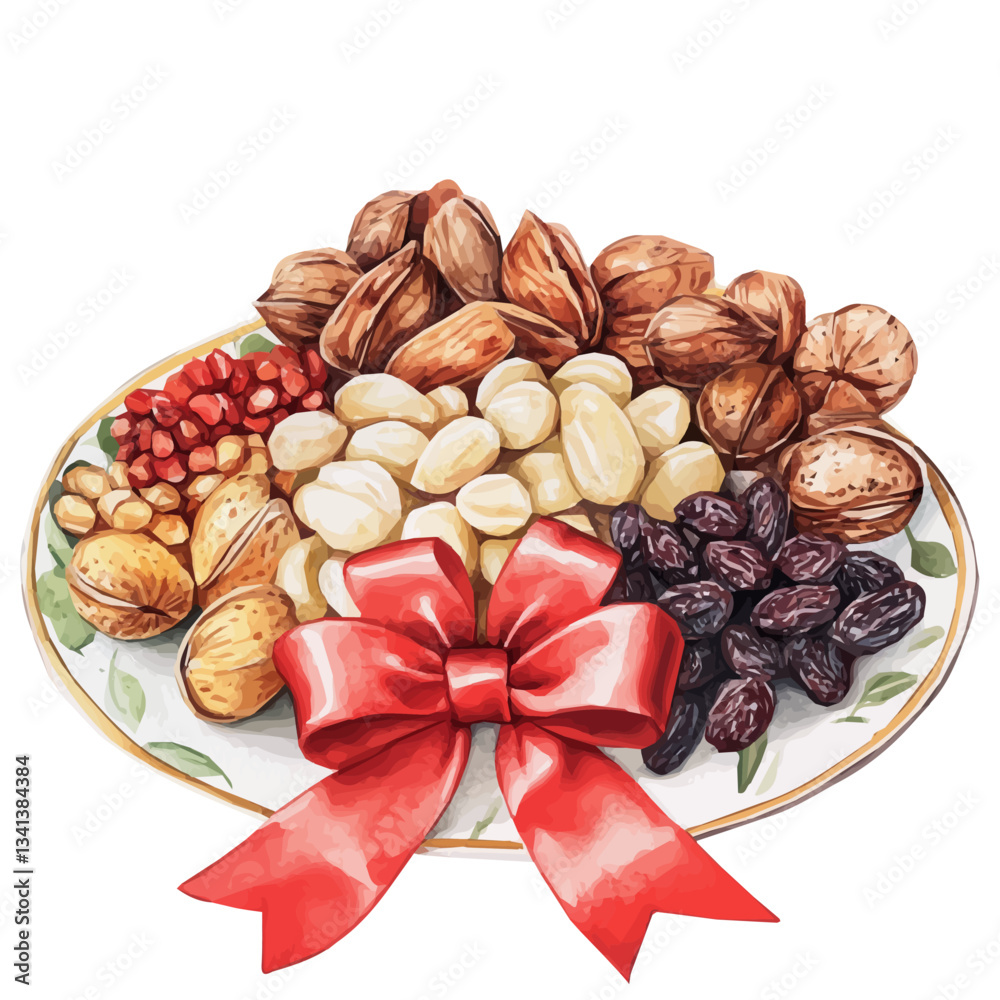Obraz premium My Watercolor Haft sin Nuts and Dried Fruits with red ribbon on a white plate. Traditional Persian New Year Garlic, isolated on a white background. Nowruz vector design set 