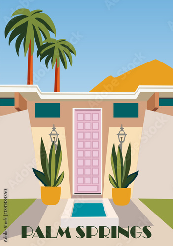 Palm Springs, California, USA Travel Destination Poster in retro Mid Century Modern style.  Colorful architecture print.  Summer vacation, holidays concept. Vintage vector hand drawn illustration