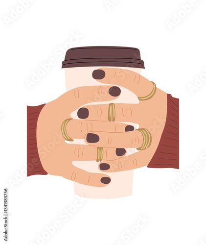 Female hands with modern manicure and gold rings holding paper cup with coffee take away. Espresso, mocha, cappuccino, latte coffee to go. Flat vector illustration isolated 