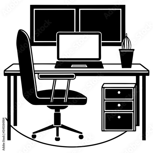 Silhouette of a modern office workspace setup with a minimalistic design