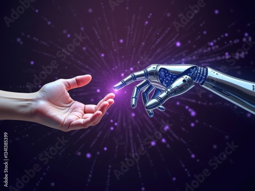 Mano humana y robótica que se acercan, rodeadas por una red de big data y tecnología de IA, tonos morados