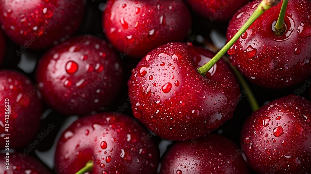 Close-up photo of fresh red cherries with water droplets.