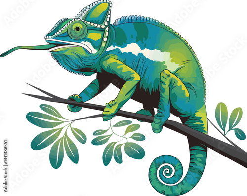 Cute cartoon funny chameleon isolated on white backround