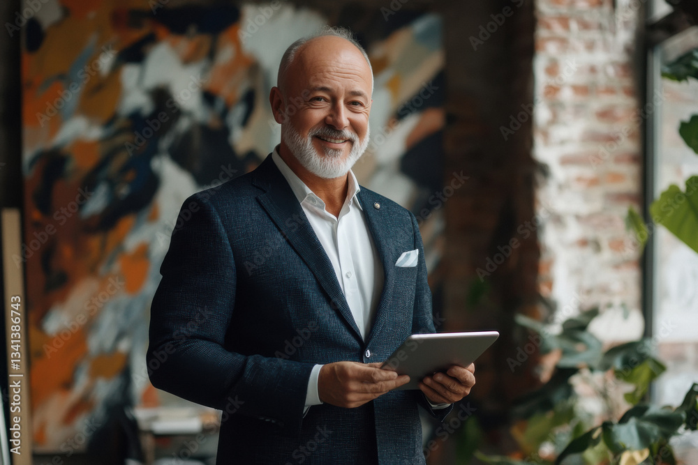 Happy middle aged business man ceo wearing suit standing in office using digital tablet. Happy middle aged business man ceo wearing suit standing in office using digital tablet.