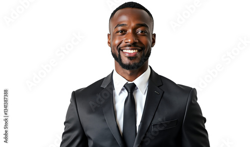Professional headshot of an African American businessman in suit, smiling confidently. Corporate portrait for business, leadership, profile picture. Isolated on transparent background.