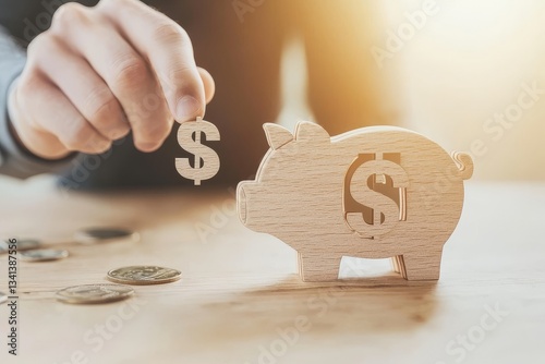The image shows a businessman with a coin beside a wooden piggy, symbolizing a money box for accumulating bank earnings
