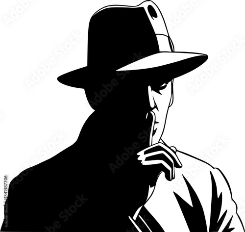 vector silhouette of a man in a hat shows a finger sign to be silent on a white background .Generative AI
