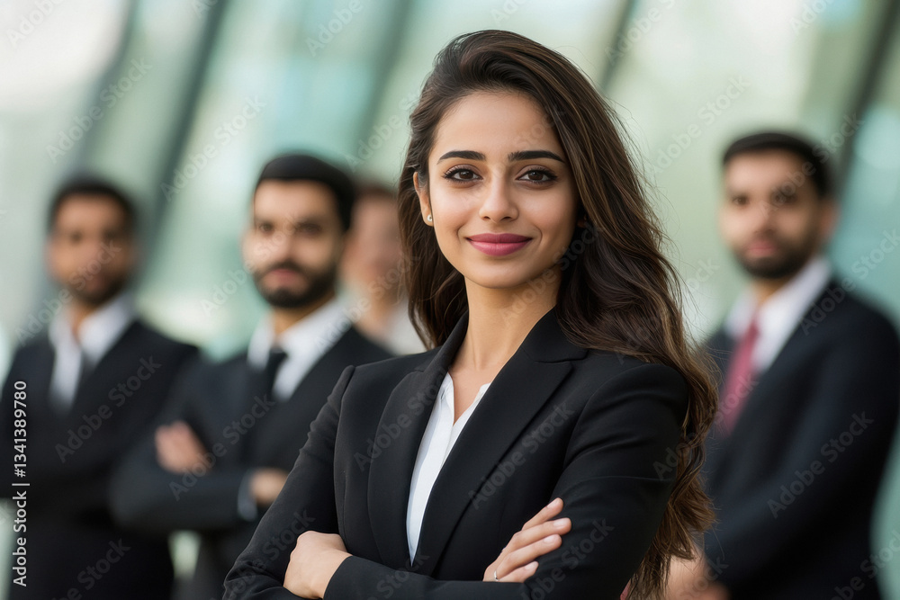 indian businesswoman standing confidently with staff on background indian businesswoman standing confidently with staff on background