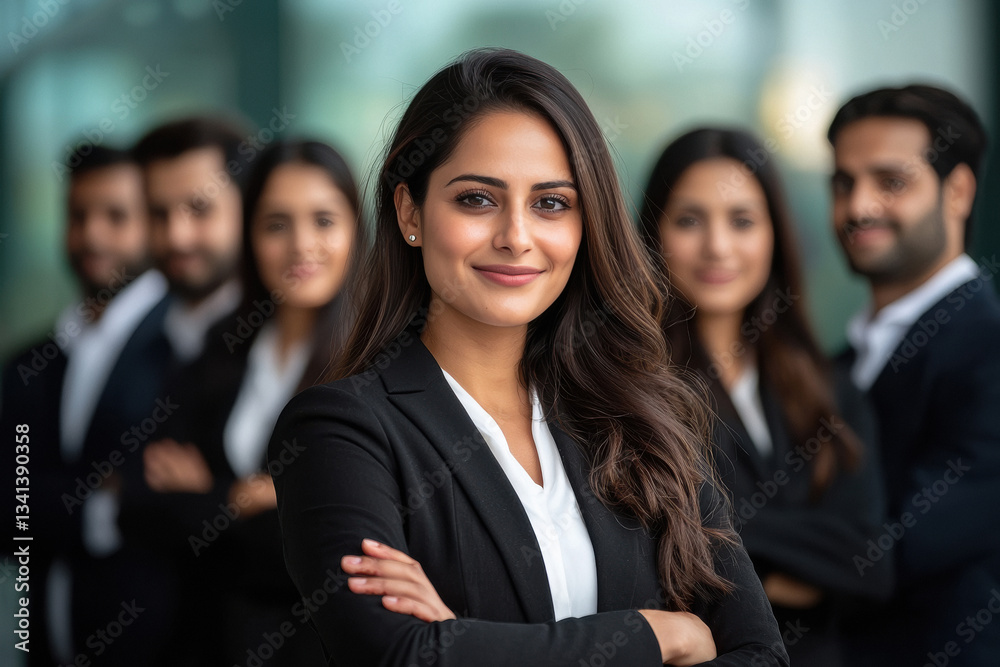 indian businesswoman standing confidently with staff on background indian businesswoman standing confidently with staff on background