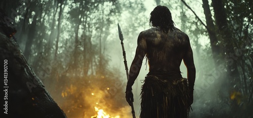 Tribal warrior on the hunt in mysterious forest, holding spear