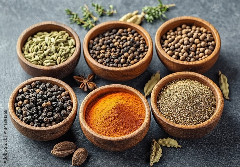A collection of bowls filled with various spices including turmeric, cardamom and cumin on grey background. A collection of bowls filled with various spices including turmeric, cardamom and cumin on grey background.