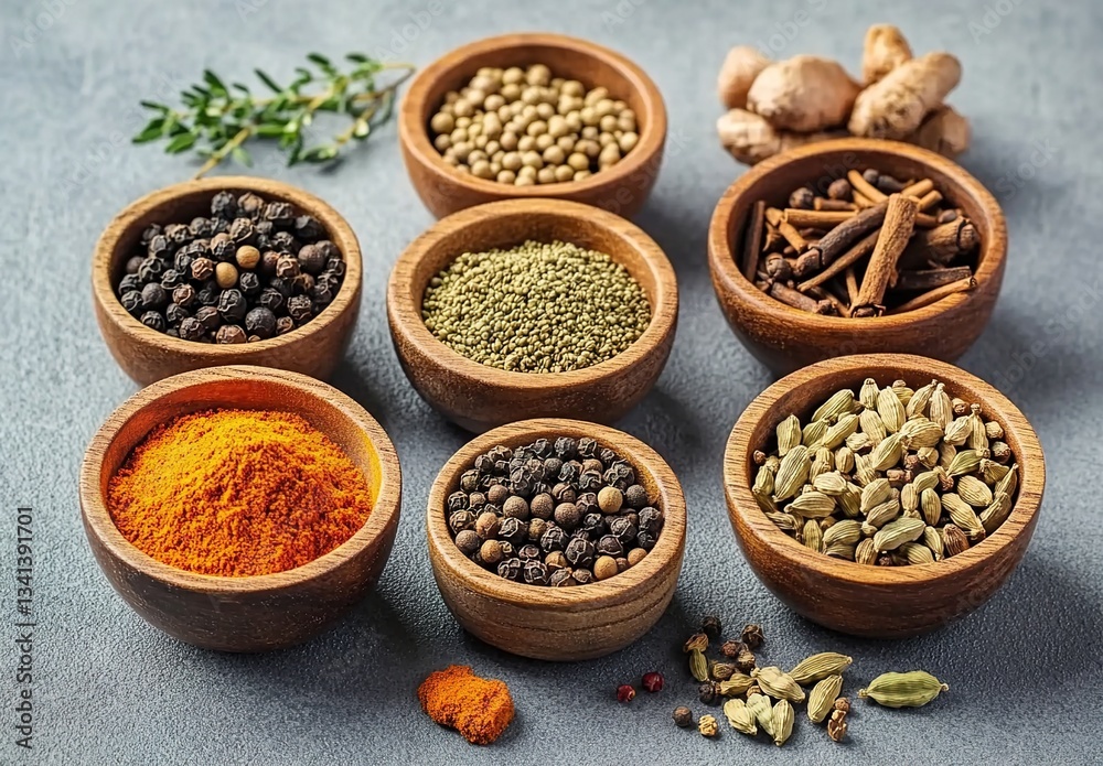 A collection of bowls filled with various spices including turmeric, cardamom and cumin on grey background. A collection of bowls filled with various spices including turmeric, cardamom and cumin on grey background.