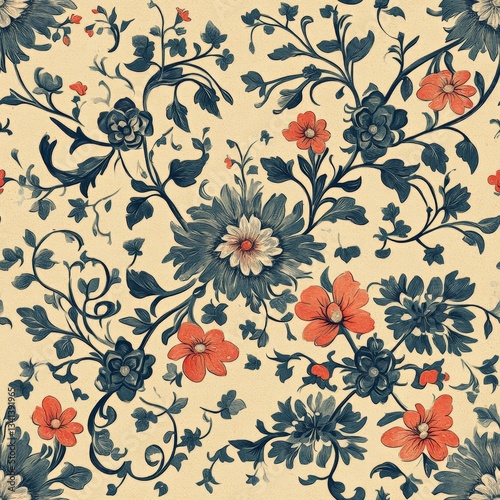 Pattern seamless of Elegant Floral Pattern with Colorful Flowers and Leaves on Soft Cream Background
