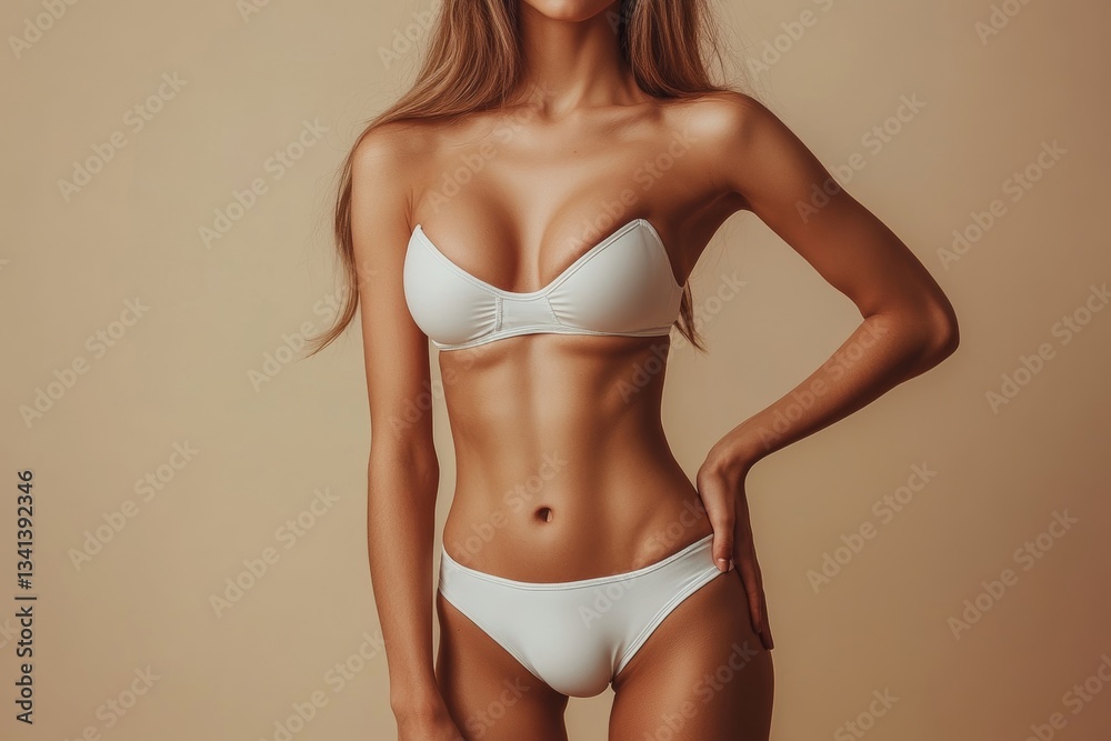 Fototapeta premium a woman in a white lingerie poses in a studio. showing off her perfect figure