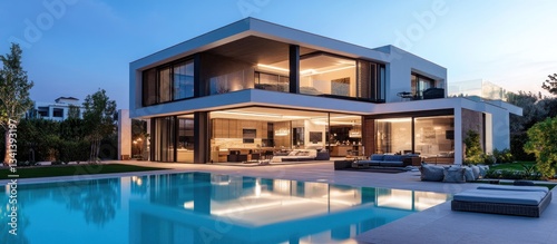 Wallpaper Mural Modern luxurious house with a swimming pool at twilight time Torontodigital.ca