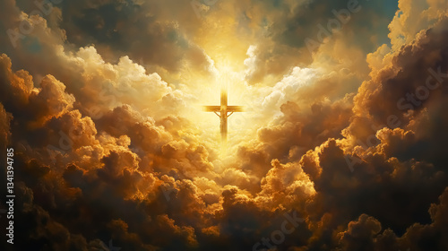 Glowing cross of clouds in the sky, sky, enlightenment. Biblical scene, concept of Holy Scripture of the Old and New Testament, Christian religion.