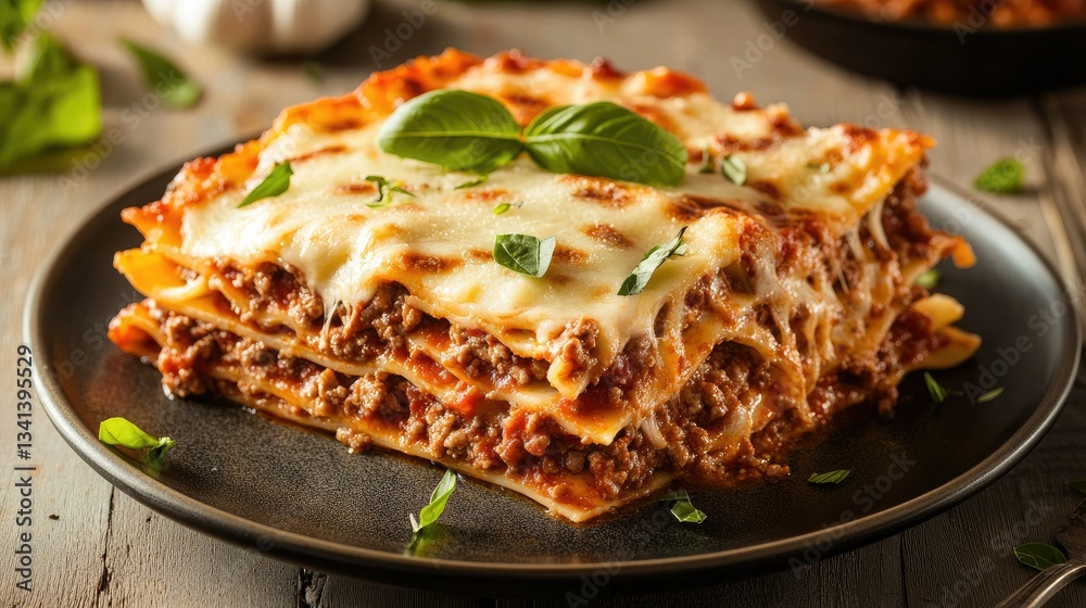 A plate of homemade lasagna with layers of pasta, rich meat sauce, and melted cheese, garnished with fresh basil. A plate of homemade lasagna with layers of pasta, rich meat sauce, and melted cheese, garnished with fresh basil.