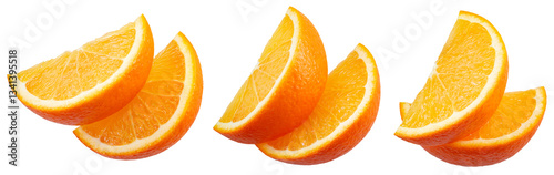 Orange slice isolated png. Orang slices on transparent background. Cut orange fruit set no background. Png collection. Full depth of field.