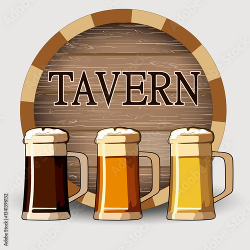 Banner with beer tavern.Vector illustration with mugs of beer and tavern sign on wood.