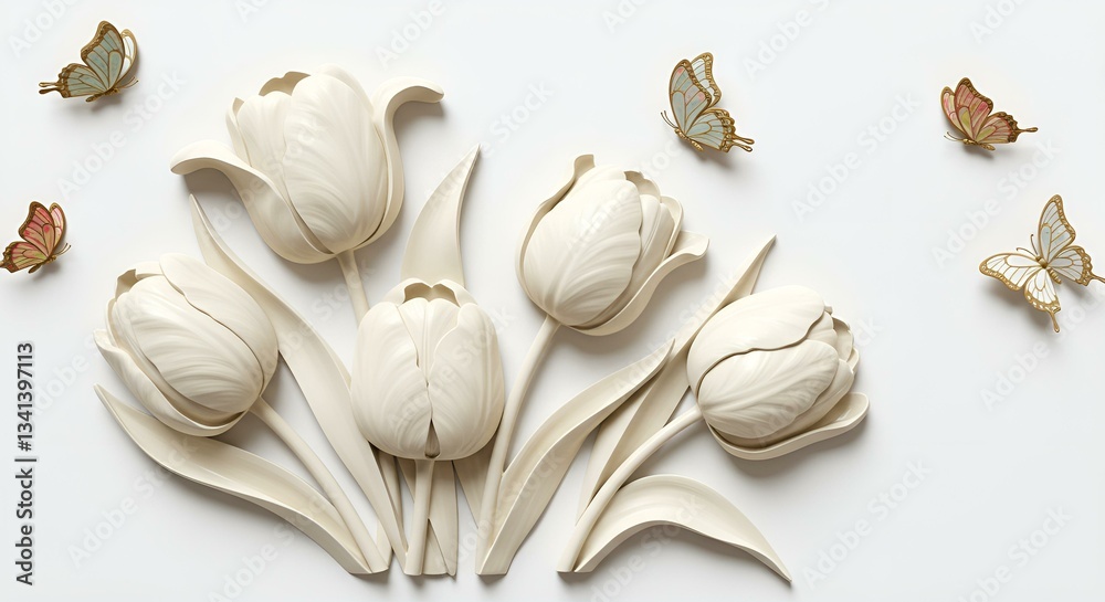 Fototapeta premium Elegant white tulips with delicate white butterflies