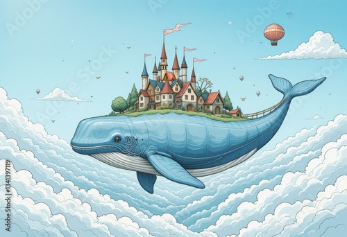 whale flying in the sky with a city on the whale