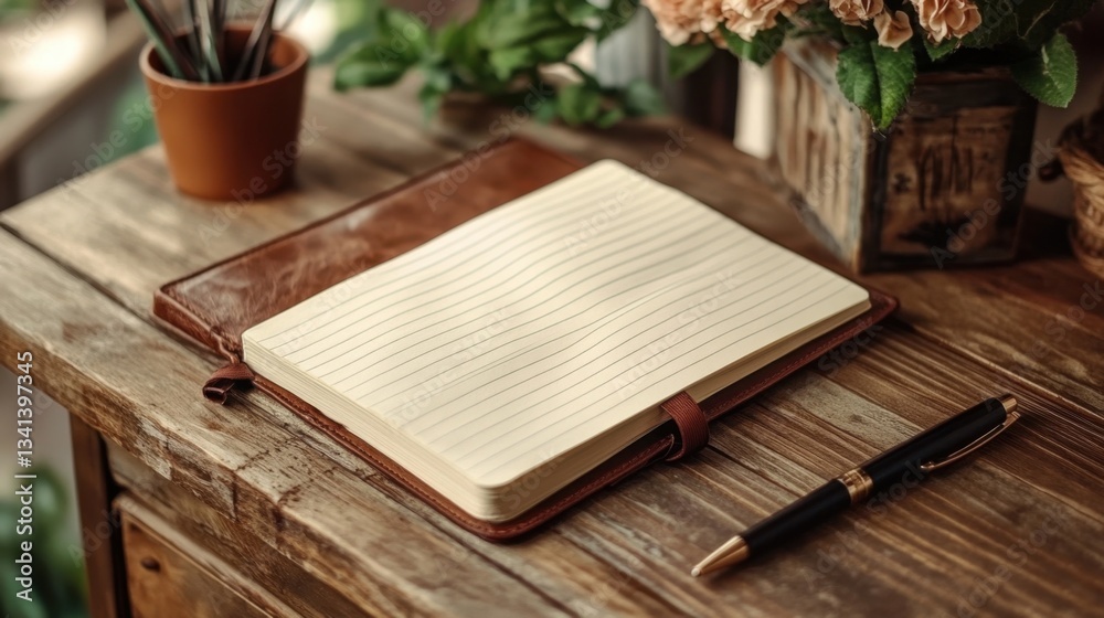 Fototapeta premium Open journal with lined pages, a bookmark ribbon, and a stylish pen placed beside it on a wooden table.