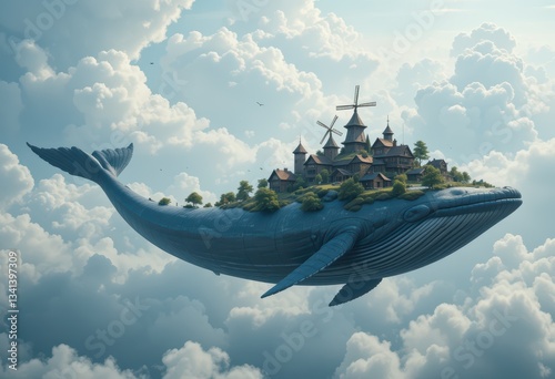 whale flying in the sky with a city on the whale