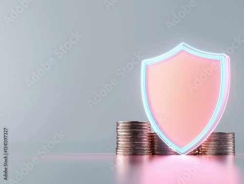 Glowing shield with coin stacks representing financial security and digital protection