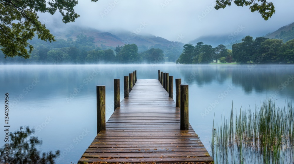 Naklejka premium Serene misty lake with wooden pier extending to tranquil hills.